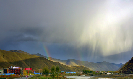 Tibetan village in the rainのeditorial素材