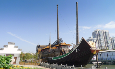 View of a wooden boat in the riverのeditorial素材