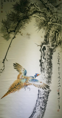 Pine pheasant Ink paintingのeditorial素材