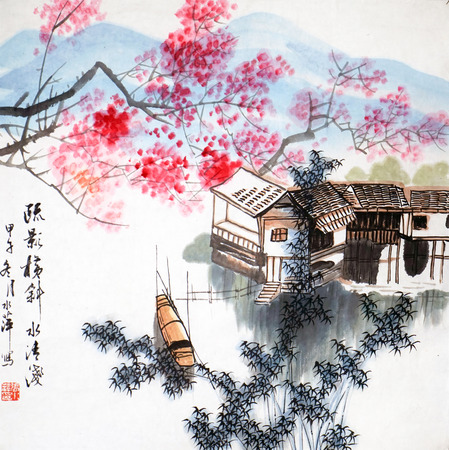Water landscape Ink paintingのeditorial素材