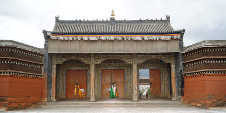 Exterior view of a temple in Tibet, Chinaの写真素材