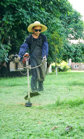 Gardener trimming grasses of the lawnのeditorial素材