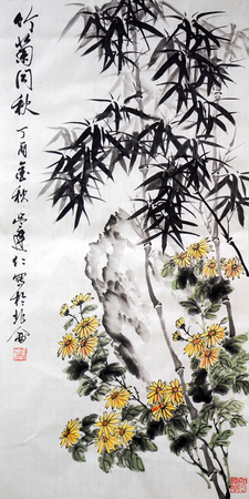 Bamboo and chrysanthemum ink paintingのeditorial素材