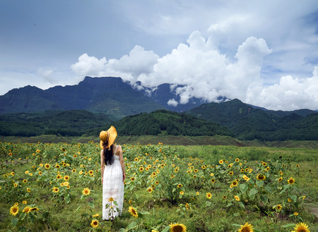 elegant woman with Wawushan mountain sceneryの写真素材