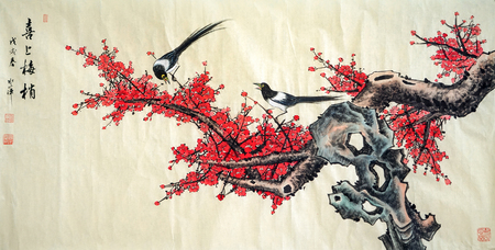 Red plum blossom ink paintingのeditorial素材