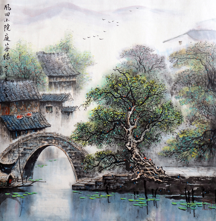 Jiangnan water village ink paintingのeditorial素材