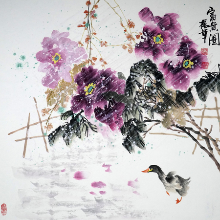 Peony and duck traditional Chinese paintingのeditorial素材