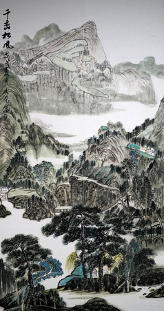 Pine mountain peak traditional Chinese paintingのeditorial素材