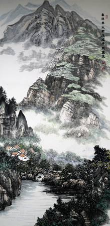 Spring mountain peak traditional Chinese paintingのeditorial素材
