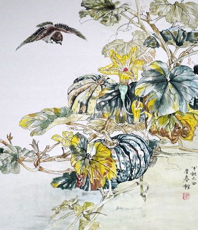 Pumpkin flower traditional Chinese paintingのeditorial素材