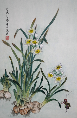 Daffodil traditional Chinese paintingのeditorial素材