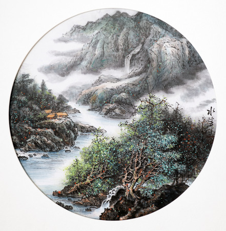 natural mountain with river landscape, traditional Chinese paintingのeditorial素材