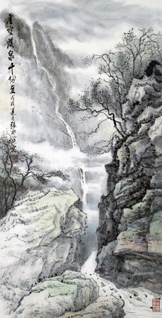 natural mountain and waterfall landscape , traditional Chinese paintingのeditorial素材