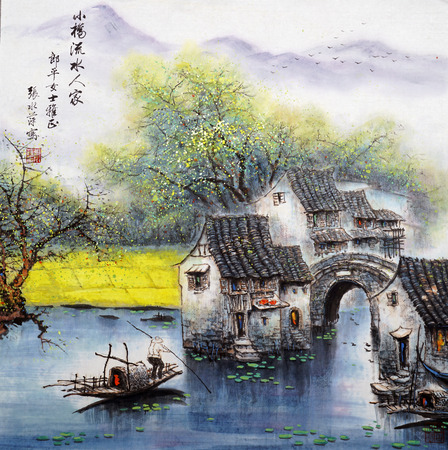 Water spring traditional chinese paintingのeditorial素材