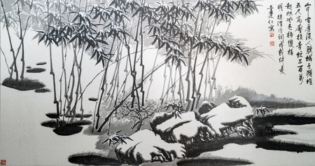 bamboo forest traditional chinese paintingのeditorial素材