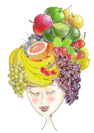 cute girl and colorful fruitsの写真素材