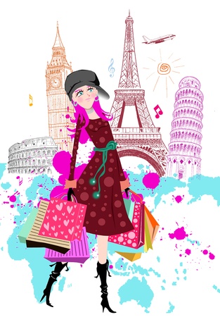 Fashion Cartoon Girl travels the worldの写真素材