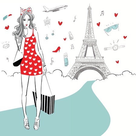 beautiful women Shopping in Parisのイラスト素材