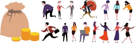Various dynamic facial expressions of business figures and piggy bank US dollar bankのイラスト素材