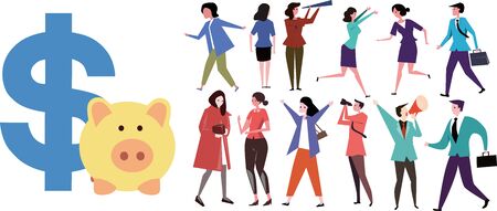 Various dynamic facial expressions of business figures and piggy bank dollarsのイラスト素材