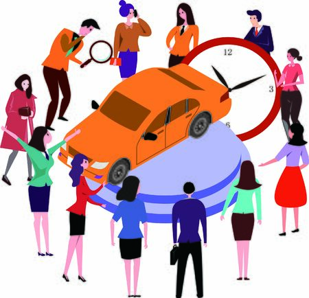 A group of people discussing on car listing timeのイラスト素材