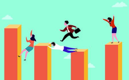 conceptual image of business people competitive jumping among finance columnのイラスト素材