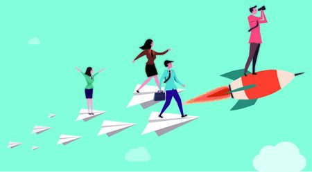 conceptual image of Blue background with staff flying to the future on a combined paper planeのイラスト素材
