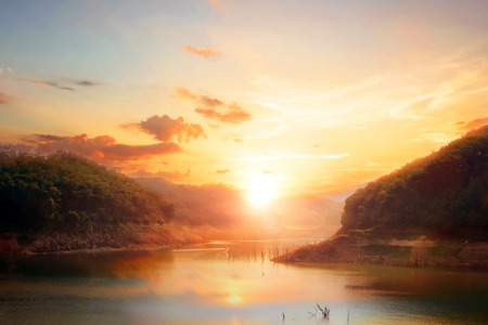 Inspiration concept: Mountain river landscape with  sunset background.の写真素材
