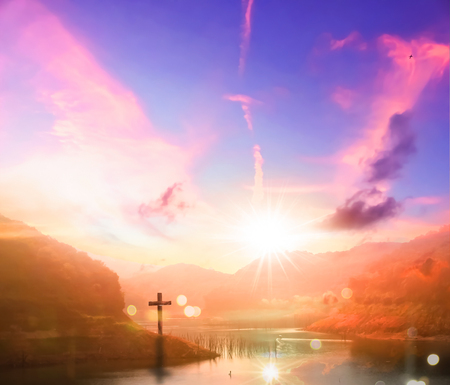 Resurrection concept:Crucifixion Of Jesus Christ Cross At Sunsetの写真素材
