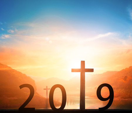 2019 with sunset backgroundの写真素材