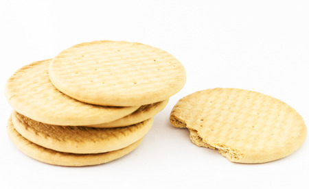 Healthy living concept: butter cookies isolated on white backgroundの写真素材