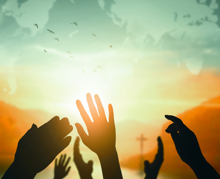 World Religion Day Concept: Human open two empty hands up backgroundの写真素材