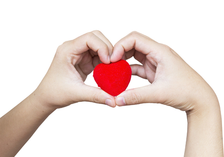 Hands holding red heart on white backgroundの写真素材