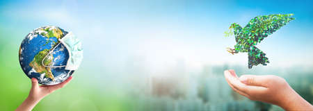 Earth day concept: human hand holding earth globe over blurred green and blue nature background.の写真素材