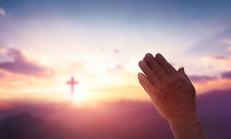 Christian Hands together up worship and prayの写真素材