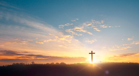 Cross of Christ Jesus on sunset backgroundの写真素材