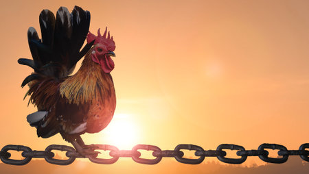 Silhouette rooster standing on chains on blurred beautiful sunrise sky with sunlight backgroundの写真素材