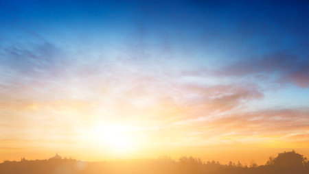 Sun light and mountain day sky sunset backgroundの写真素材