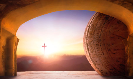 Easter and Good Friday concept, Empty Tomb At Sunrise With Sunlight Shining Through The Open Door And cross of christ Jesus In The Distanceの写真素材