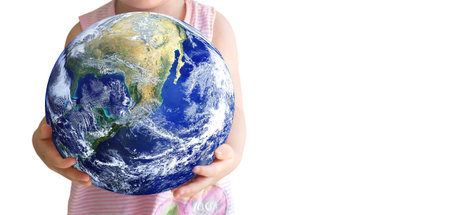 Earth Day, Little child holding globe earth on white background. Elements of this imageの写真素材