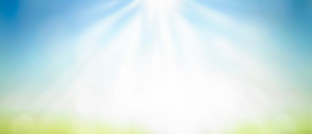ESG concept, abstract blurred beautiful soft green bokeh light grass and blue sky autumn sunrise backgroundの写真素材