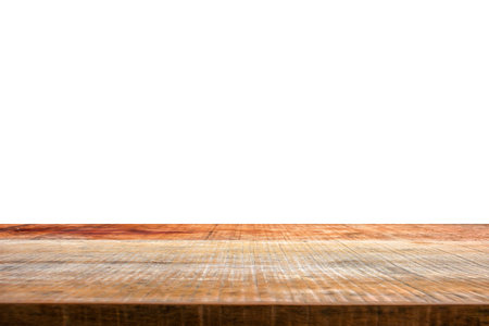 Old vintage wood table in perspective isolated on white backgroundの写真素材