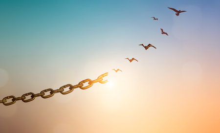 Silhouettes of broken chain and birds flying in the skyの写真素材