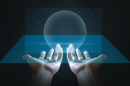 AI concept, Hand touch digital hud interface futuristic technology backgroundの写真素材