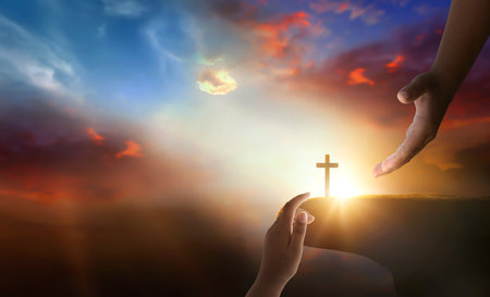 Jesus helping hand concept: World Peace Day Help hand on sunset background