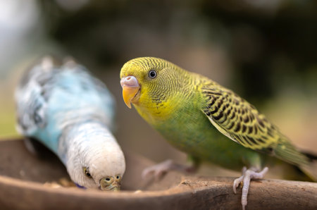 Budgerigar sitting on a branch with a baby in its beakの写真素材