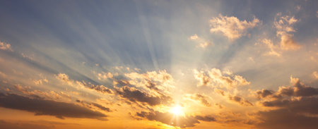 Sunset sky background. Panoramic image of beautiful sunset sky.の写真素材
