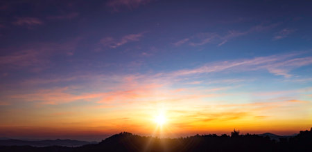 Sunset over the mountains in Thailand. Panoramic view.の写真素材
