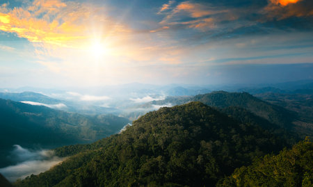 Mountain landscape with fog at sunrise. Panoramic view.