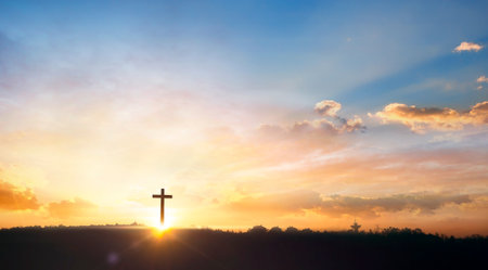 Christian cross on sunset sky background. Christian cross on sunset sky backgroundの写真素材